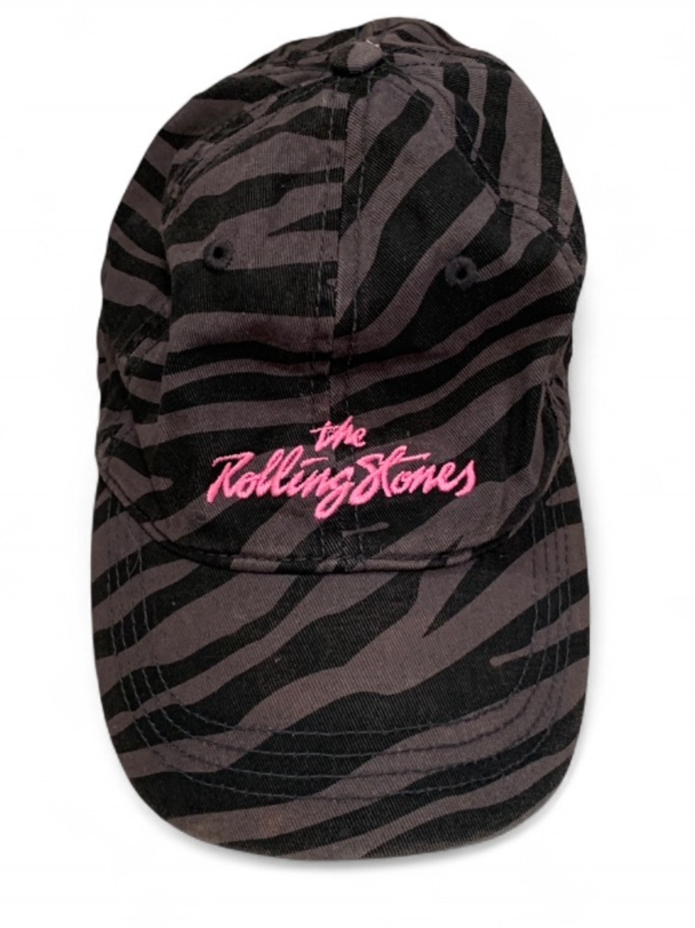 the Rolling Stones Black Zebra-Print Cap with Pink Script Logo